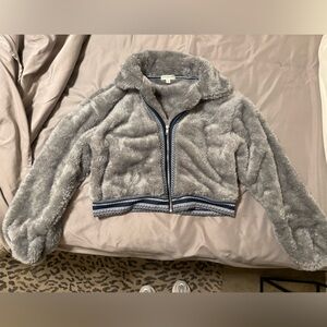 EARTHBOUND Gray Fuzzy Zip-Up Cropped Jacket